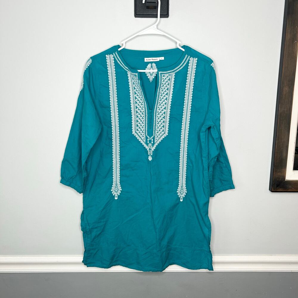 Roller Rabbit Teal Embroidered Tunic Top